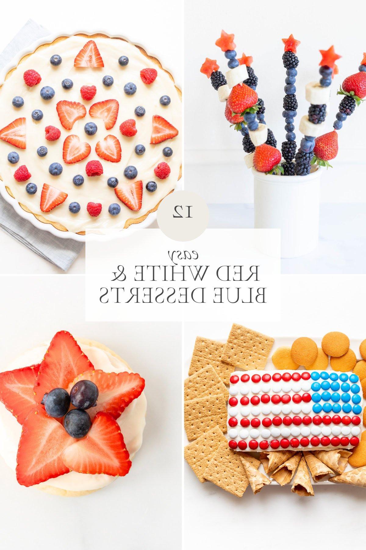 Rot-weiß-blaue Desserts 2 Vier patriotische rot-weiß-blaue Desserts: Fruchtspieße in einem weißen Becher, eine Obsttorte mit Sternmuster, ein Kuchen im amerikanischen Flaggen-Design mit Graham-Crackern und ein runder Kuchen mit Erdbeeren und Blaubeeren belegt.