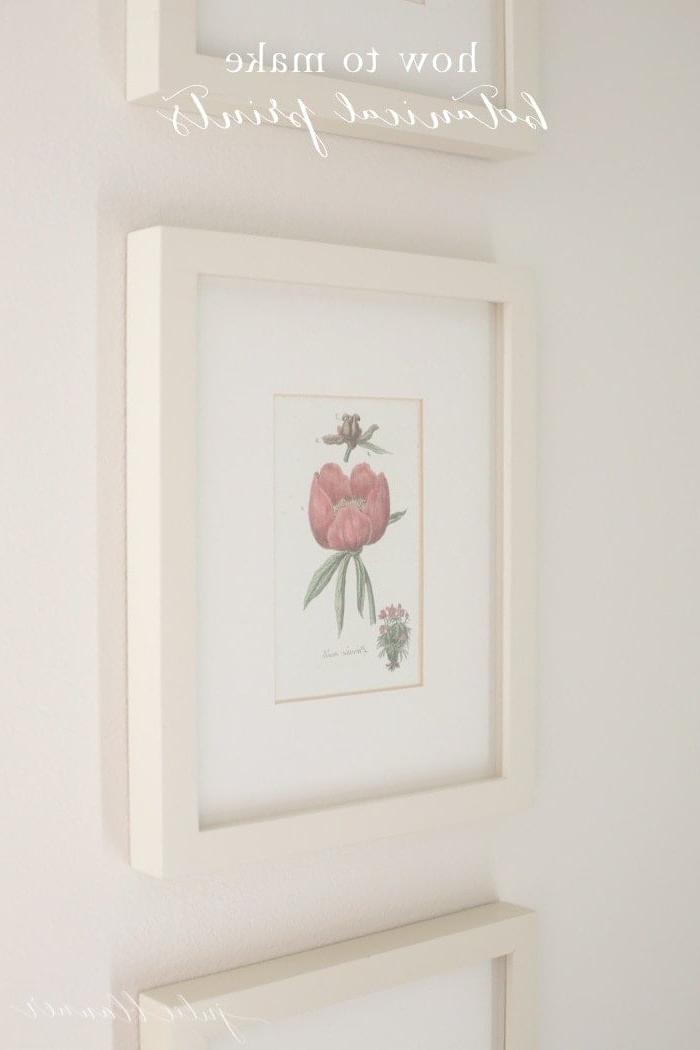 Botanische Drucke 2 Weiße Rahmen mit weichen floralen botanischen Drucken an einer weißen Wand, mit Textüberlagerung "Wie man botanische Drucke macht".