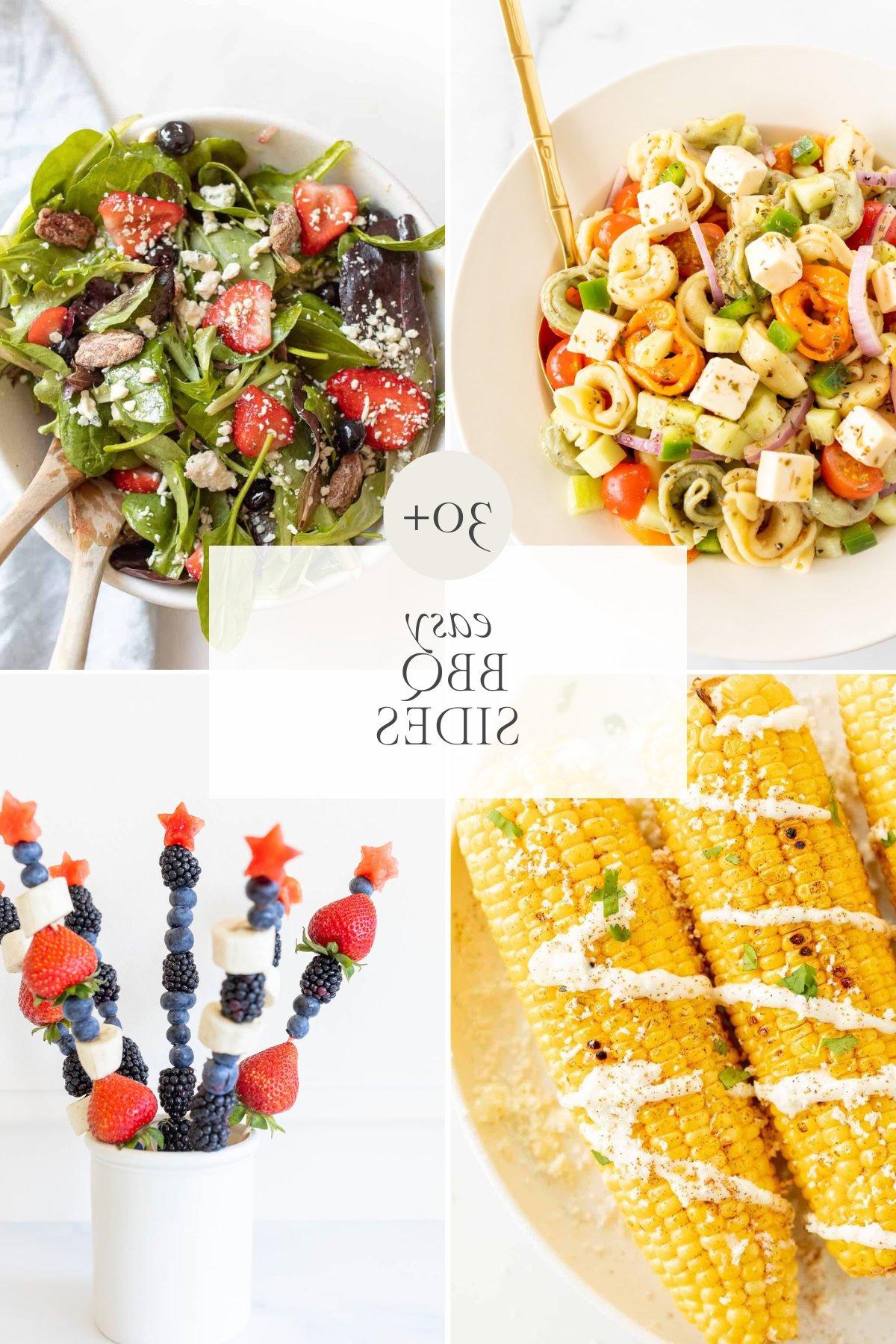 Grillbeilagen 2 Vier Bilder von BBQ Beilagen: ein Nudelsalat, ein grüner Blattsalat, Maiskolben mit Käse und Gewürzen und Obstspieße mit Heidelbeeren und Erdbeeren. In der Mitte steht der Text "30+ easy BBQ SIDES." Perfekte Begleiter für Ihr nächstes Outdoor-Treffen!