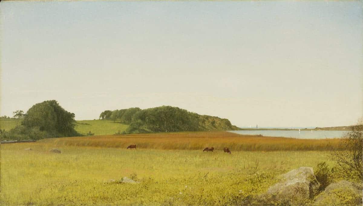 **Freie Kunstquellen** 11 Landschaftskunst im gemeinfreien Bereich von Kühen am Wasser, die eine idyllische, pastorale Szene darstellt.