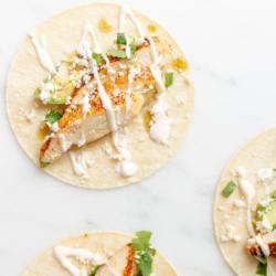 Weiche Hähnchen-Tacos 12 Hähnchen-Tacos in Mais-Tortillas auf einer weißen Oberfläche.