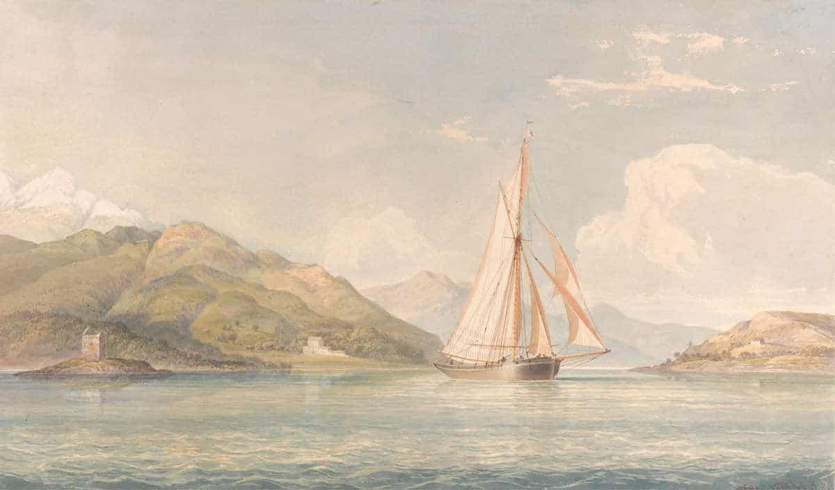 **Freie Kunstquellen** 12 Ein blasses Pastellgemälde eines Segelboots im Ozean aus dem gemeinfreien Kunstbestand.