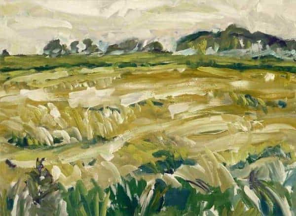 **Freie Kunstquellen** 13 Ein modernes blau-grünes Maisfeld-Landschaftsgemälde aus einer gemeinfreien Kunstquelle, das eine zeitgenössische Interpretation der Natur zeigt.