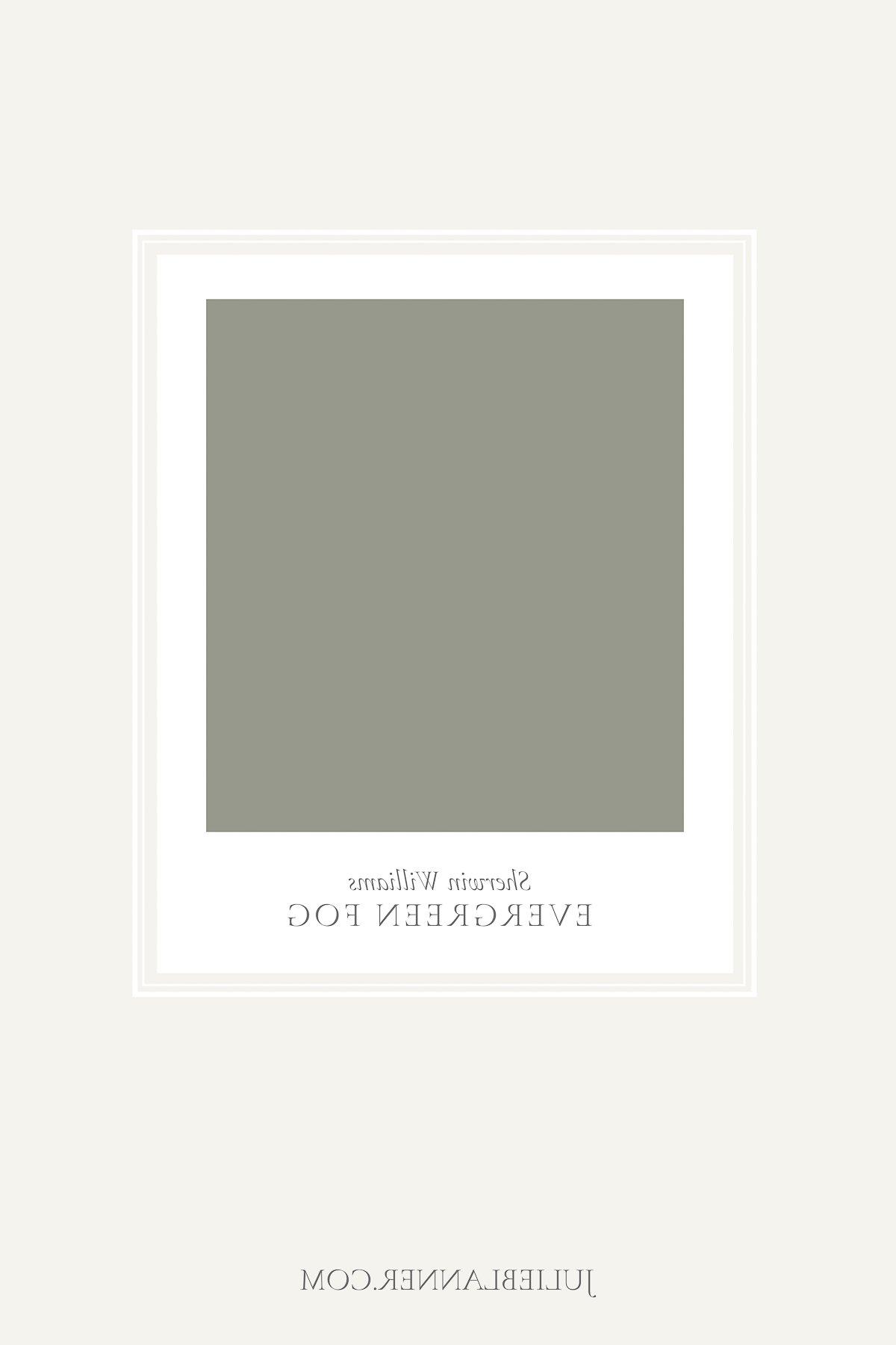 Salbeigrüne Farben 16 Ein Farbmuster der salbeigrünen Wandfarbe von Sherwin Williams namens Evergreen Fog.