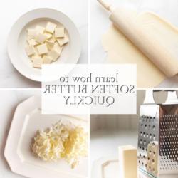 Ein grafisches Bild mit der Überschrift "Lernen Sie, wie Sie Butter schnell weich machen" mit verschiedenen Bildern von Techniken zum Weichmachen von Butter.