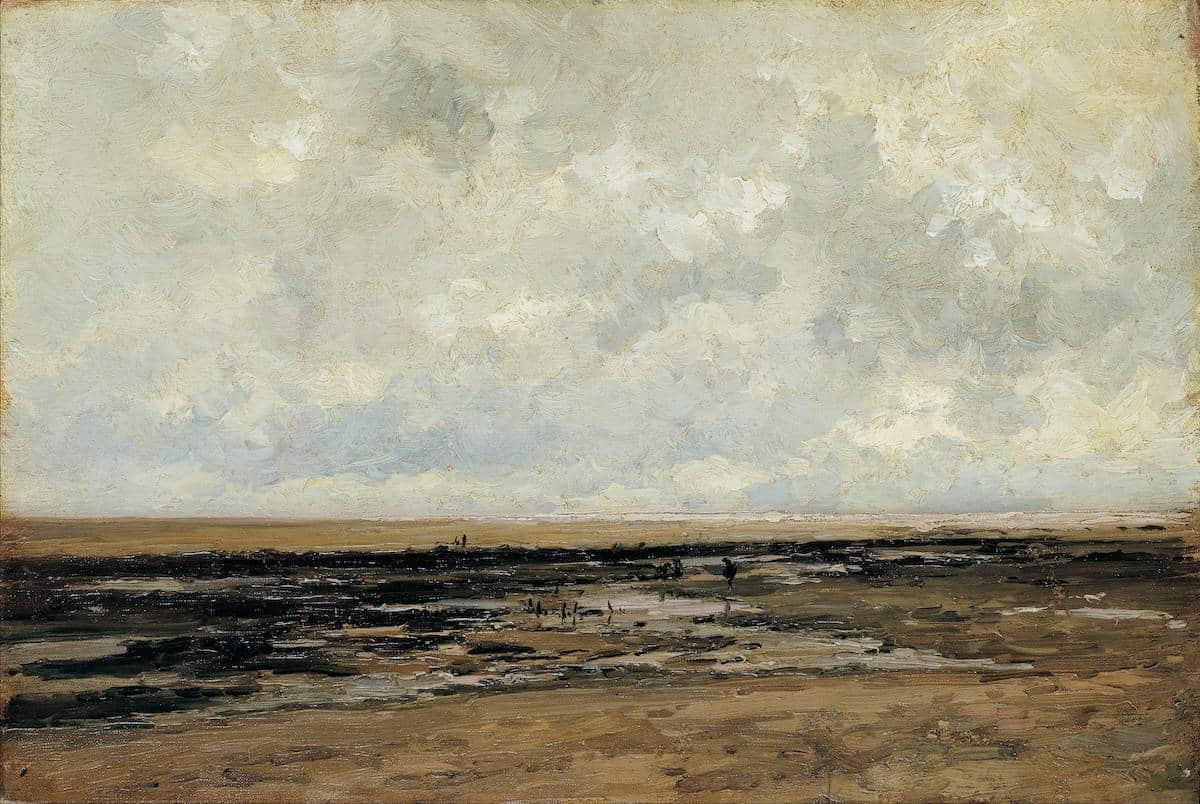 **Freie Kunstquellen** 18 Landschaftsgemälde in Blautönen, das eine ruhige und weitläufige Szene darstellt.