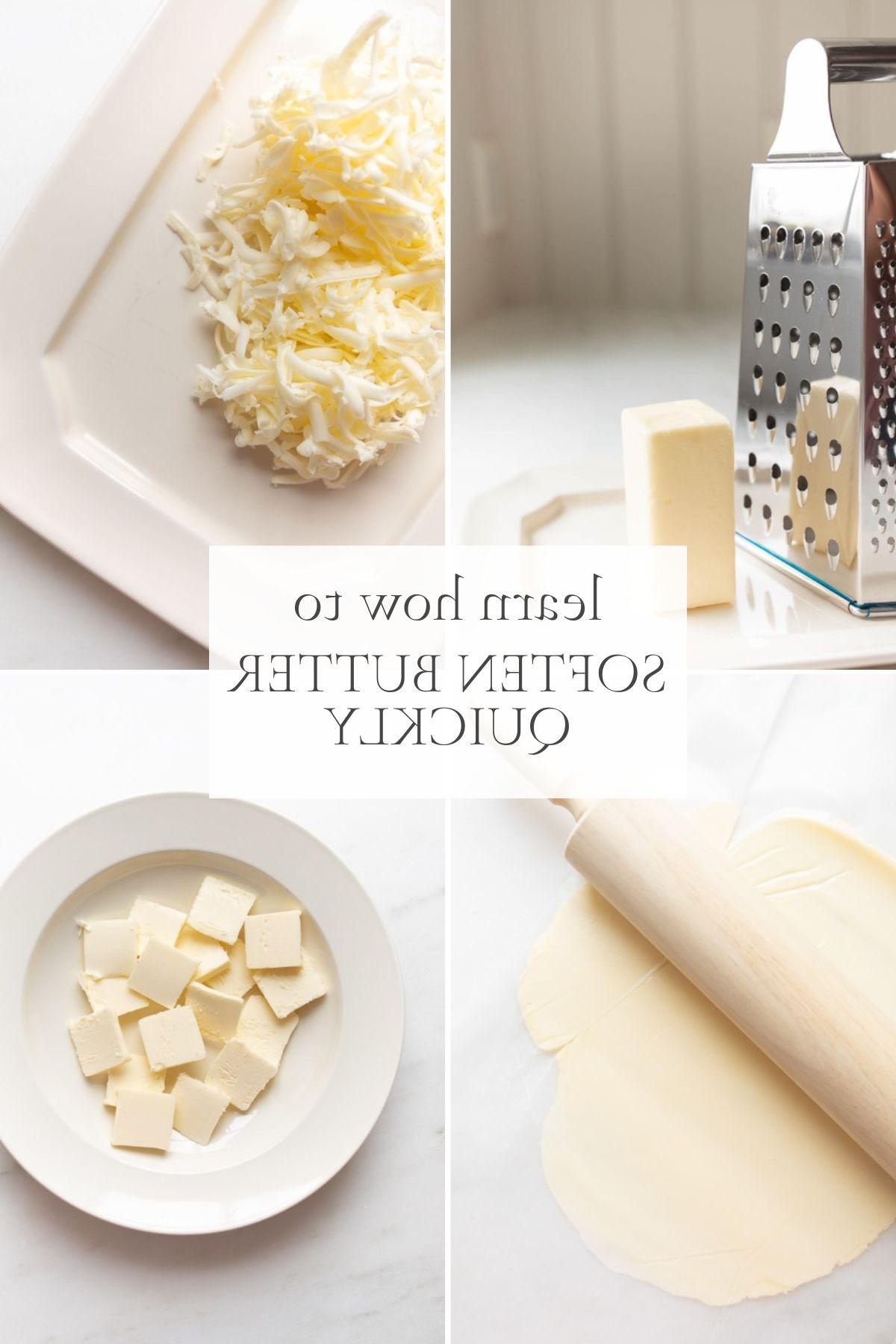 Ein grafisches Bild mit der Überschrift "Lernen Sie, wie Sie Butter schnell weich machen" mit verschiedenen Bildern von Techniken zum Weichmachen von Butter.