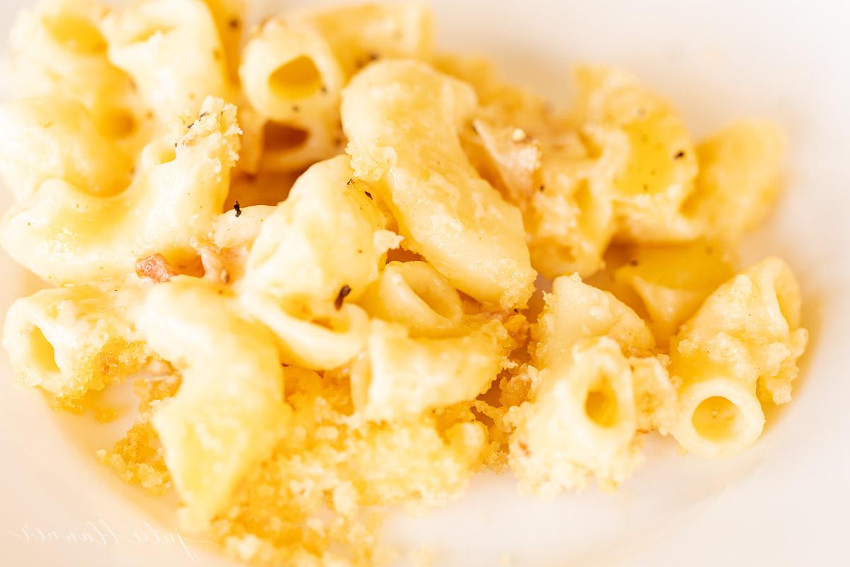 Speck Mac and Cheese auf einem weißen Teller.