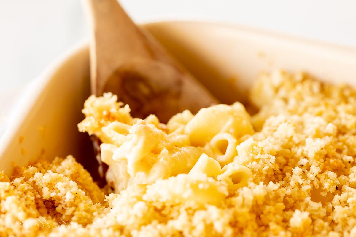 Speck Mac and Cheese in einer weißen Schale.
