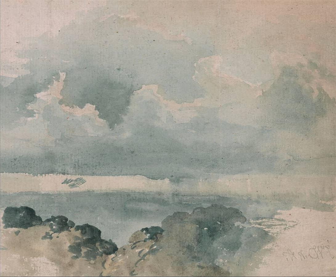 **Freie Kunstquellen** 7 Ein Gemälde von blauen Wolken und Meer aus den gemeinfreien Kunstquellen, das die ruhige Schönheit der Natur einfängt.