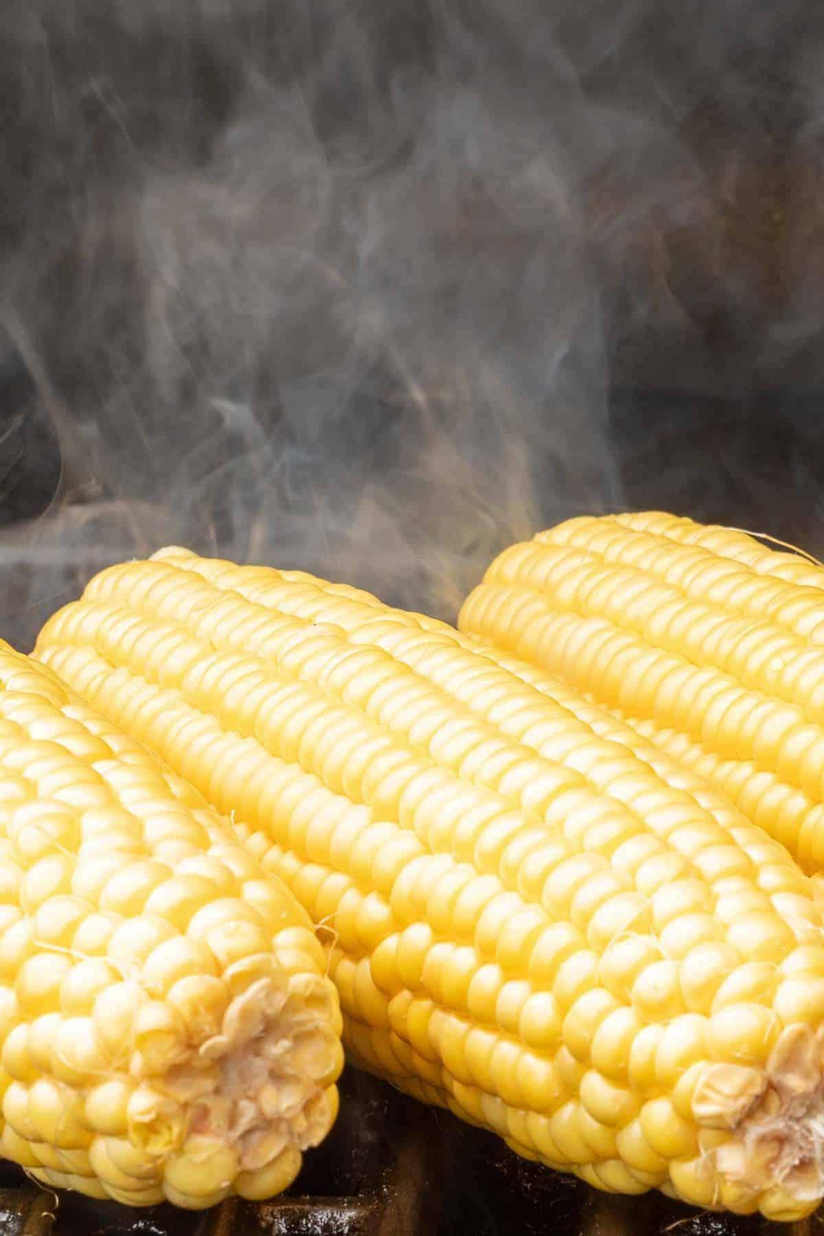 Gegrillter Maiskolben 9 Gegrillter Maiskolben auf einem heißen Grill, Rauch steigt zwischen den Kolben auf.