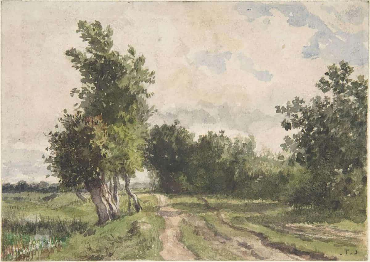 **Freie Kunstquellen** 9 Aquarell eines Pfades durch Bäume und Gräser, das die friedliche Atmosphäre der Natur widerspiegelt.