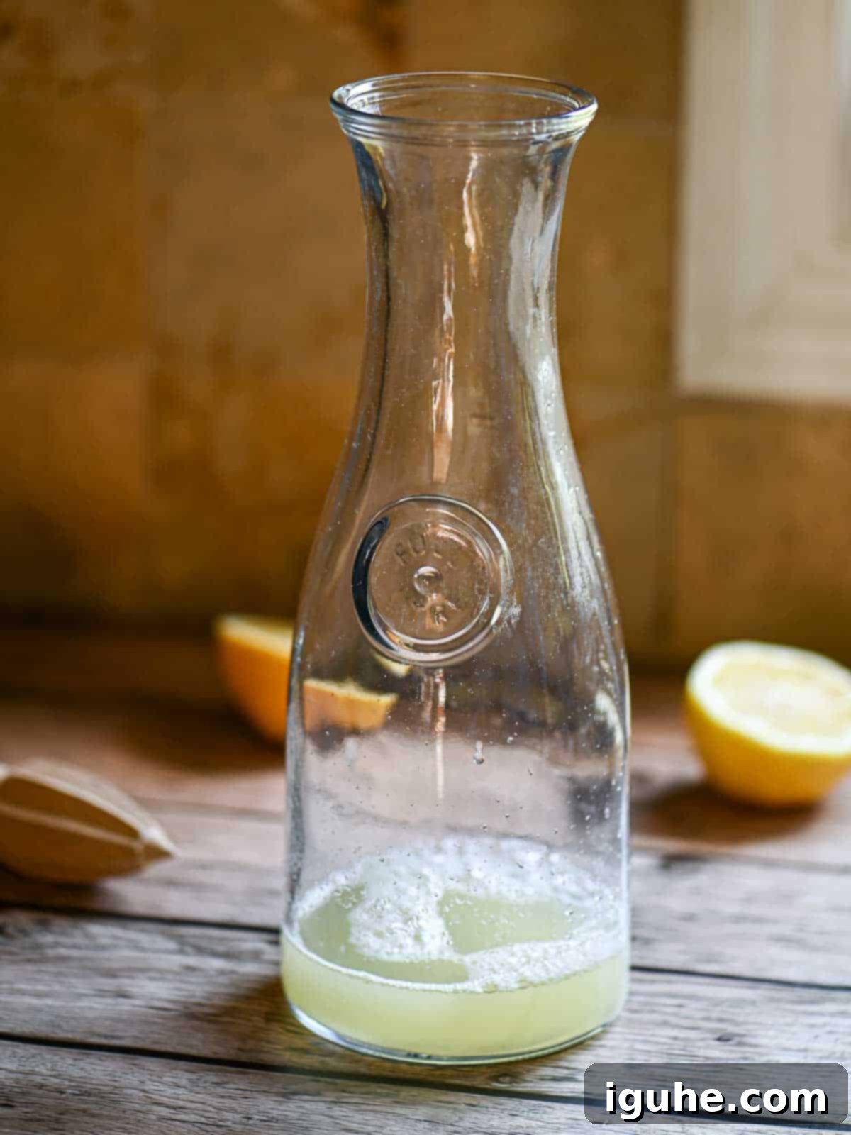 Signature Lavender Lemonade 6 A pitcher filled with lemon juice on a wooden table.