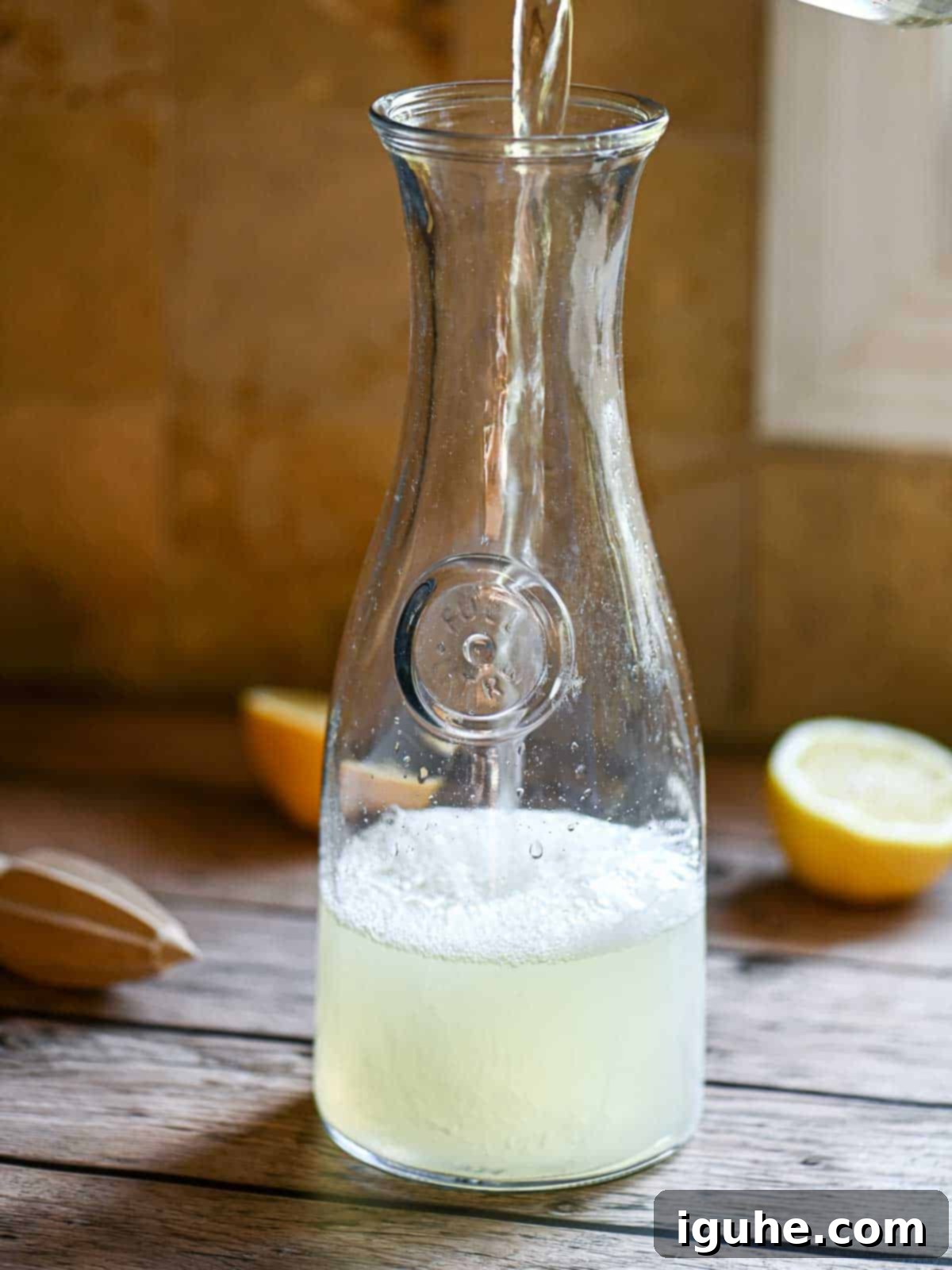Signature Lavender Lemonade 7 Water and lemon juice in a tall glass pitcher.