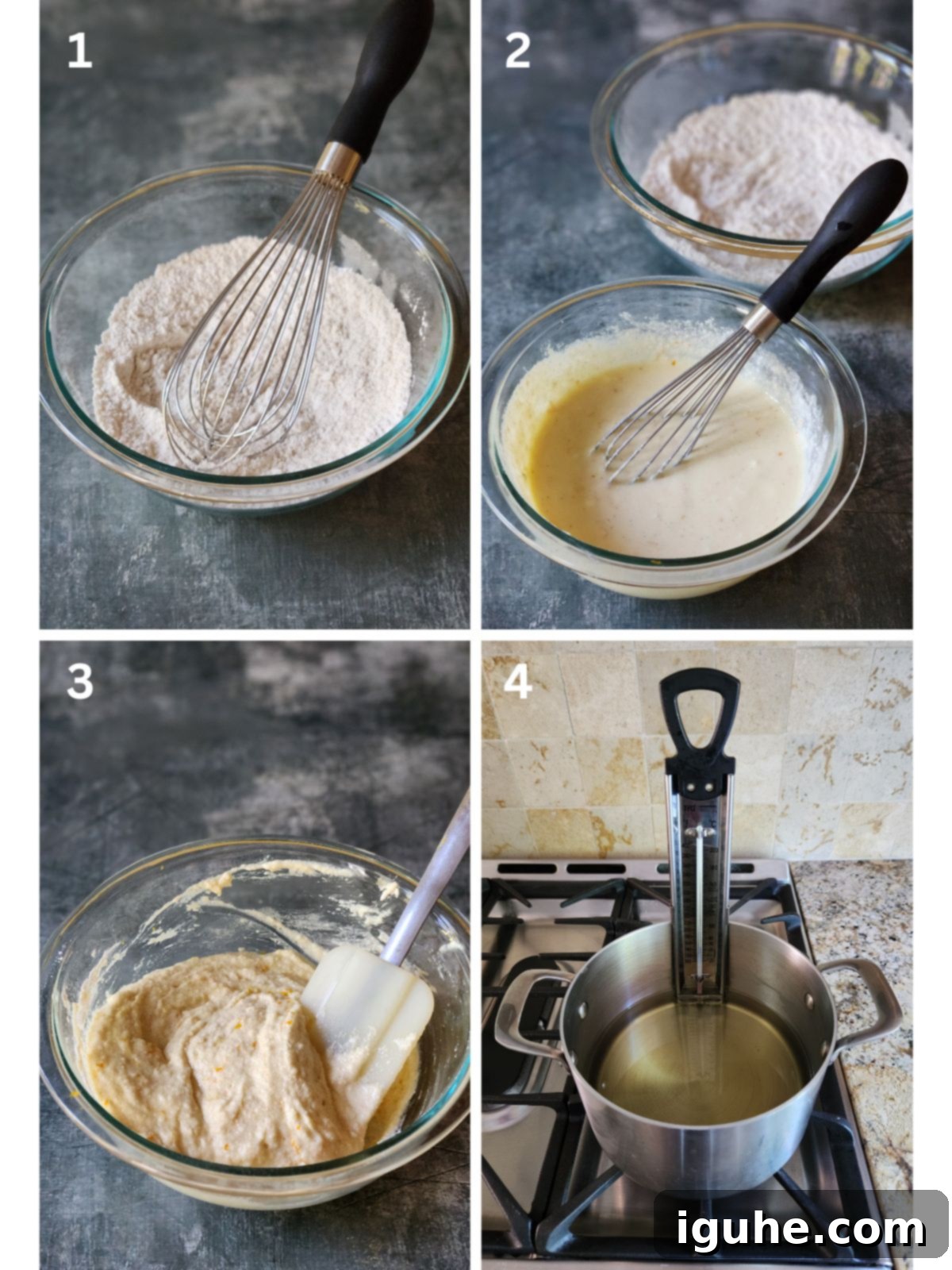 Italian Orange Ricotta Doughnuts 5 A collage of 4 steps to make fried ricotta donuts.