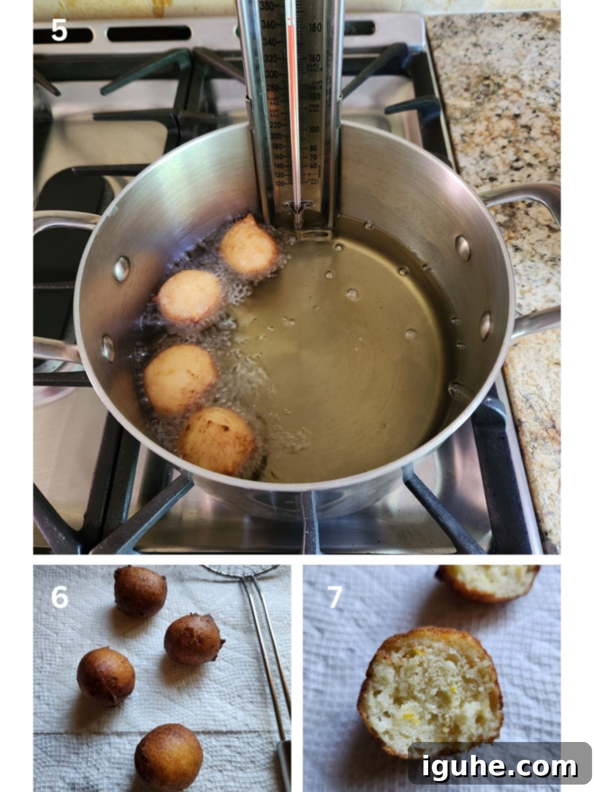 Italian Orange Ricotta Doughnuts 6 A collage of 3 steps showing how to fry orange ricotta zeppole.