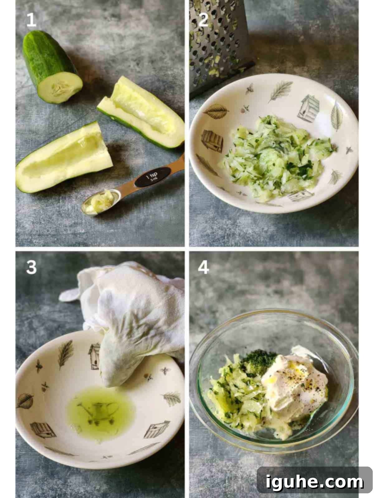 Smoky Grilled Cucumber & Tangy Tzatziki Toast 4 A four-image collage demonstrating the process of making homemade tzatziki, from grating cucumber to mixing ingredients.