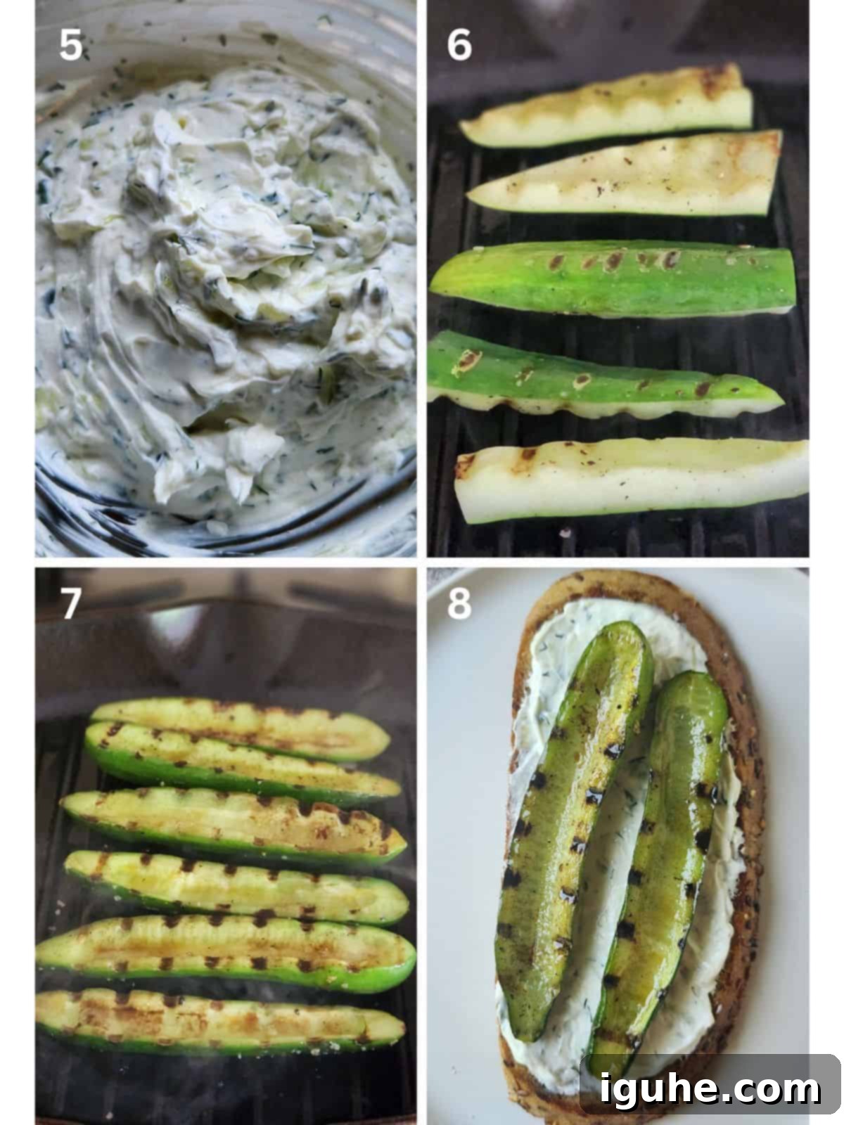 Smoky Grilled Cucumber & Tangy Tzatziki Toast 5 A four-image collage showing how to grill cucumbers on the stove, from slicing to charring.