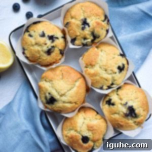 Artisan Zesty Lemon Blueberry Muffins 3 Overhead view of perfectly domed bakery-style blueberry lemon muffins in a white tin, on a white background with a blue napkin next to it.