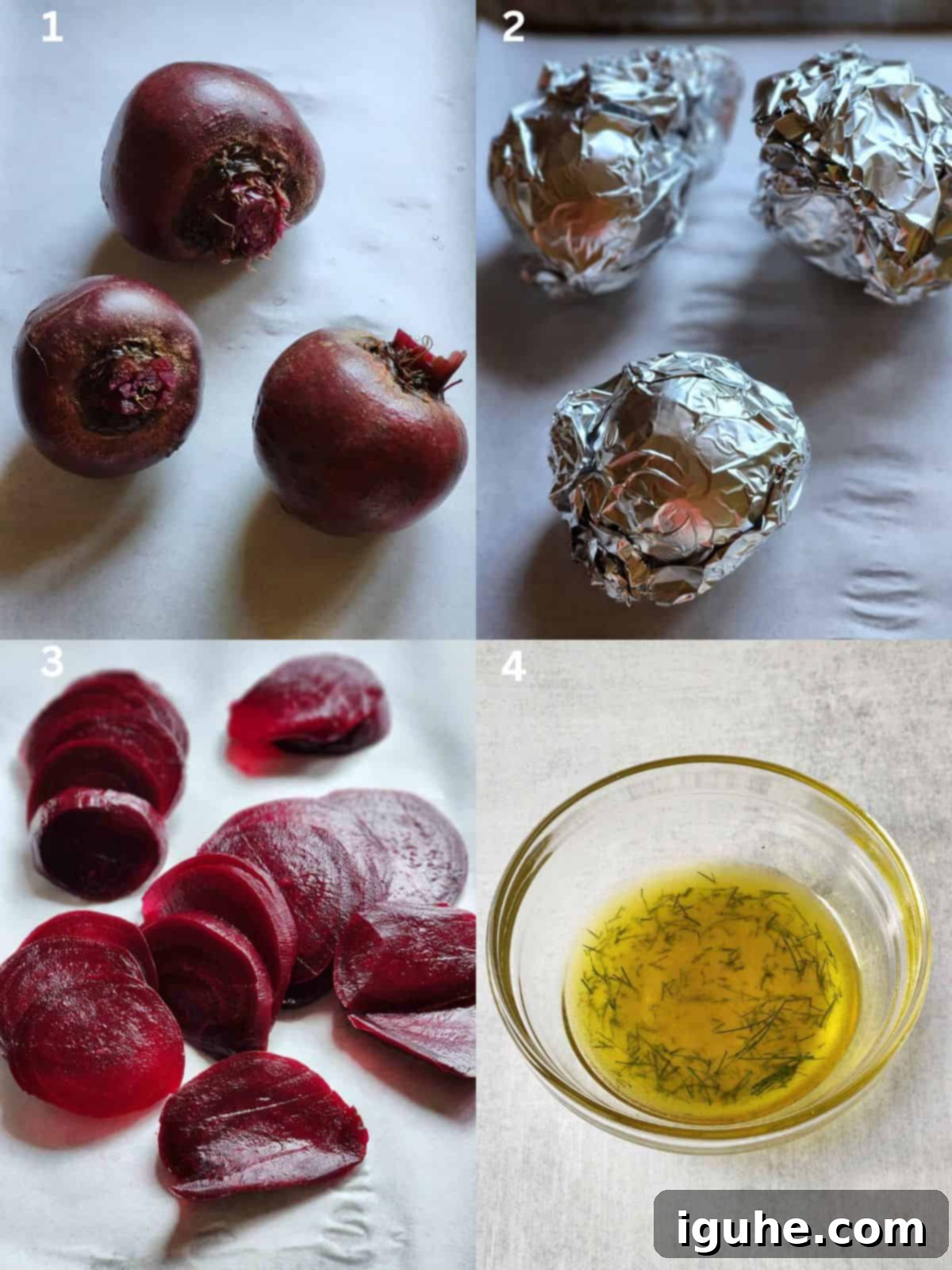 Crimson Beet Toast with Herbed Creme Fraiche 4 Collage of four pictures for making beet toast, showing preparation steps.
