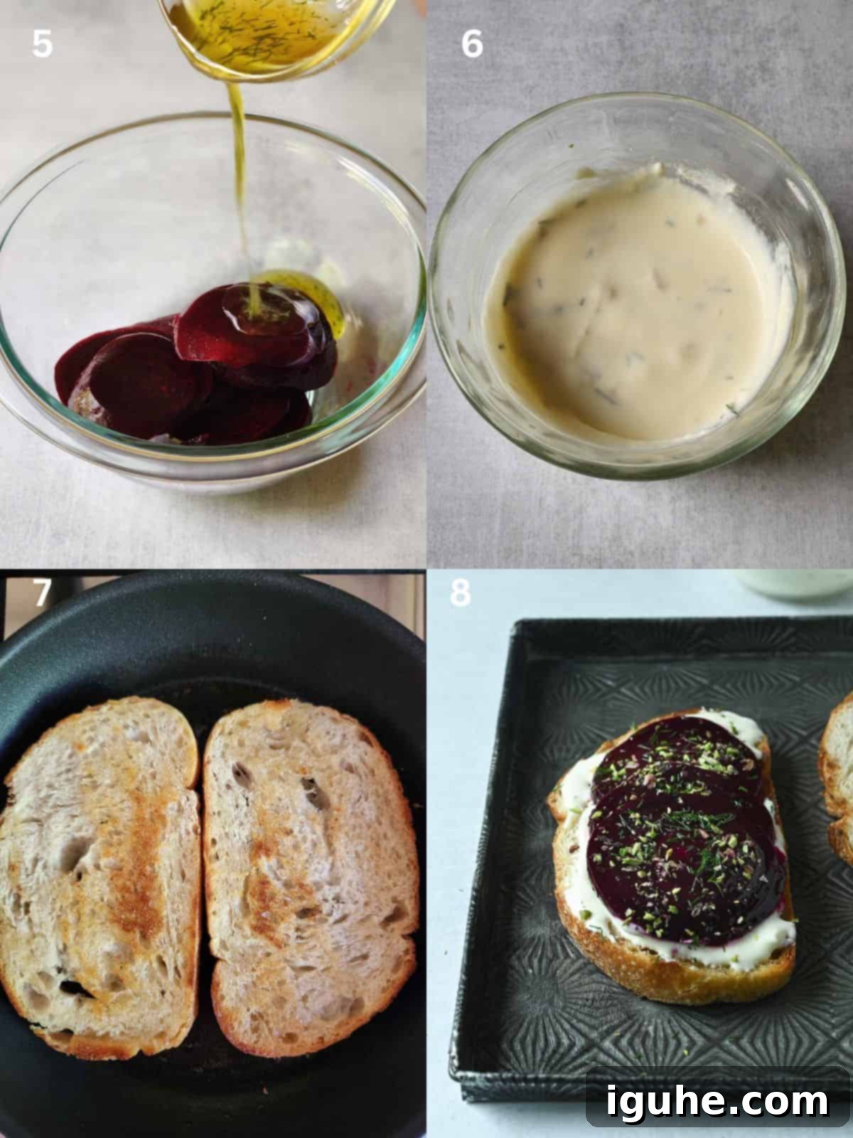 Crimson Beet Toast with Herbed Creme Fraiche 5 A collage of 4 steps for assembling beet toast, from marinating to garnishing.