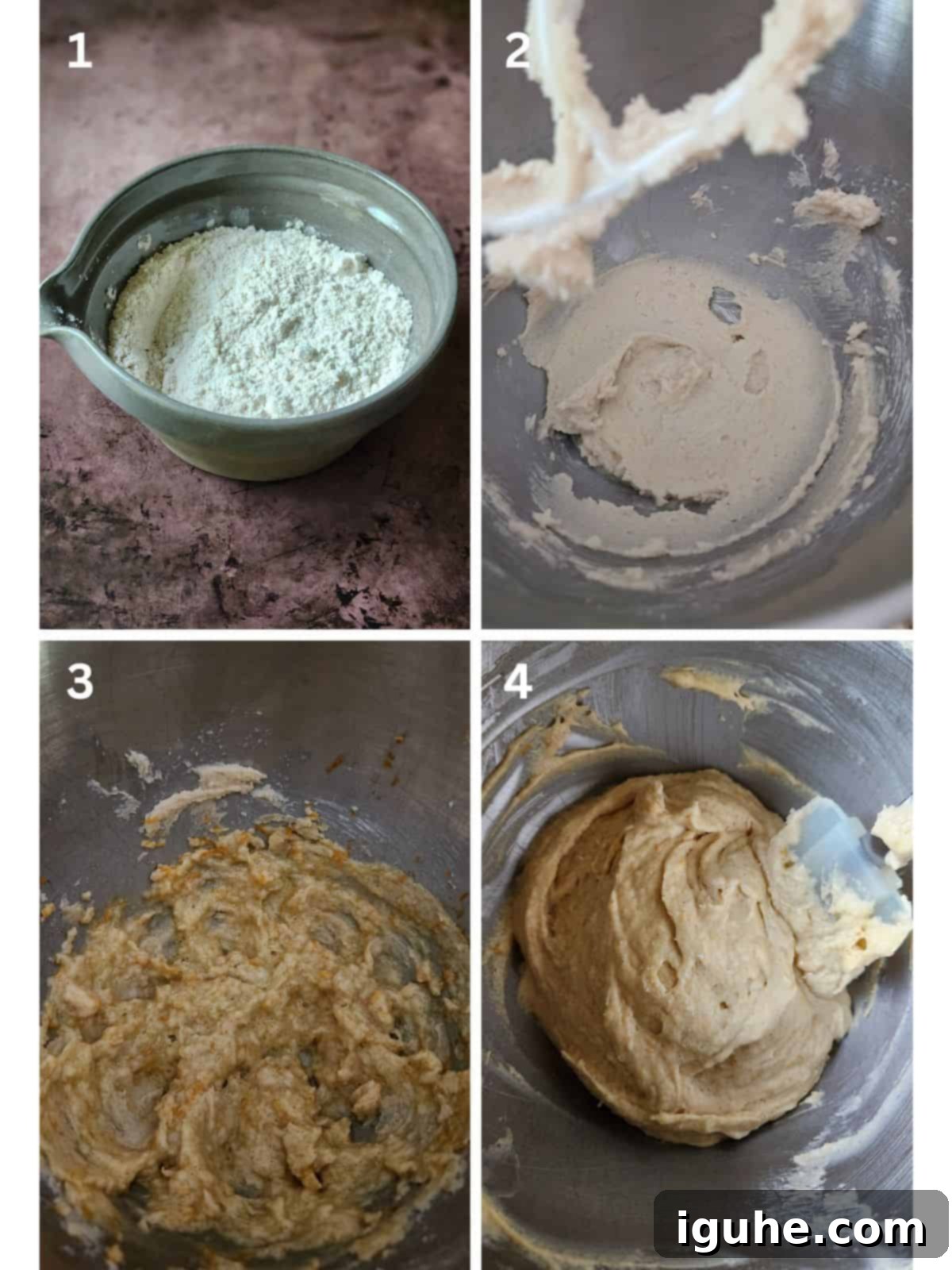 Delightful Mace Spiced Bundt Bites 4 A four image collage showing instructions for mixing cake batter.