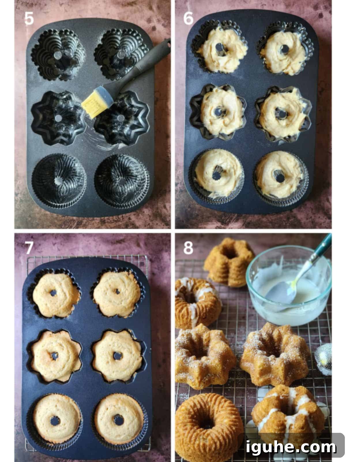 Delightful Mace Spiced Bundt Bites 5 A four image collage showing how to fill mini bundt pans with batter.