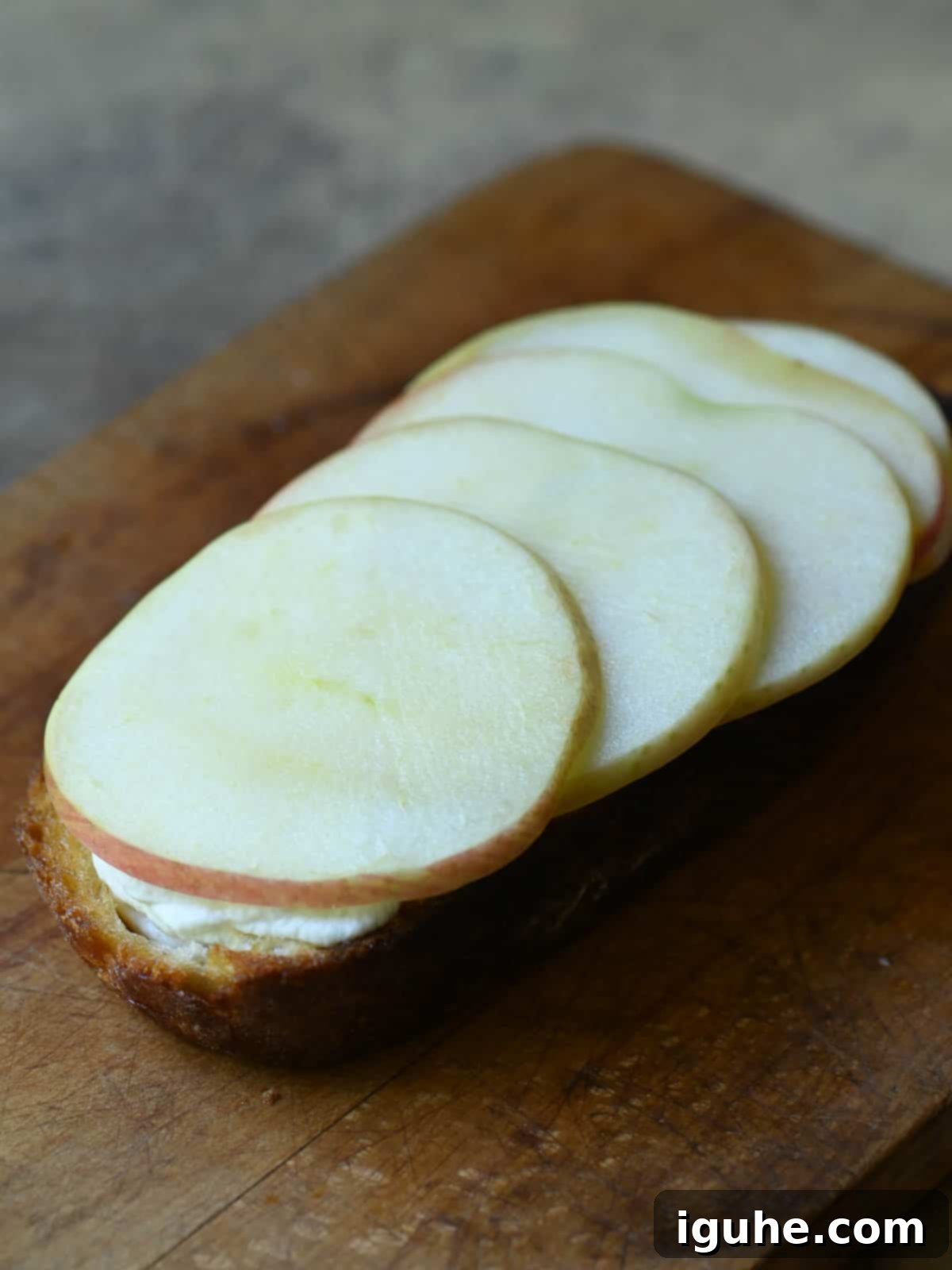 Creamy Ricotta Apple Toast with Sage-Kissed Honey 6 Thinly sliced apples arranged over ricotta cheese on toasted bread.