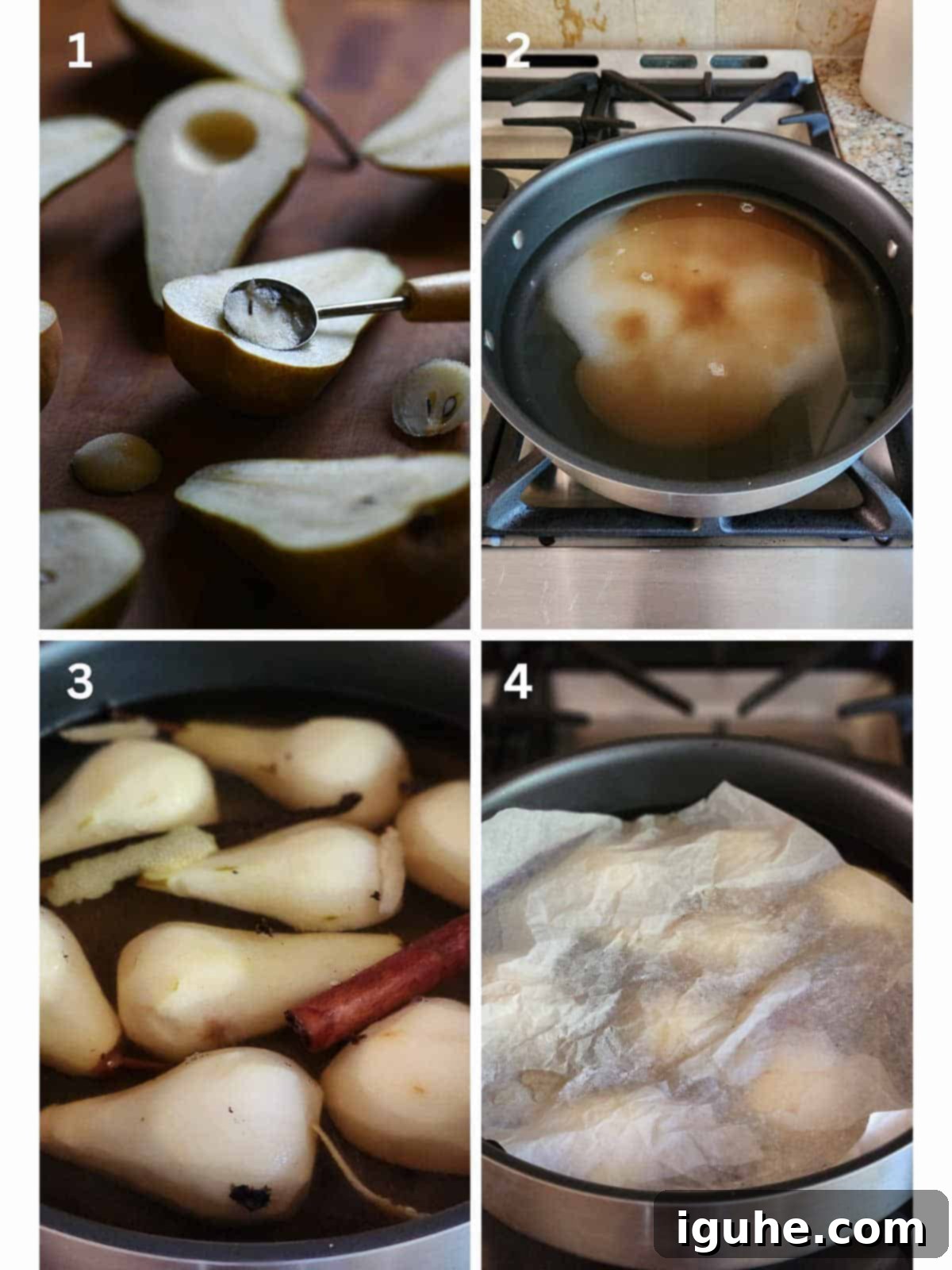 Velvet Vanilla Pears with Creamy Yogurt 4 A collage of 4 images showing how to cook poached pears in a skillet.