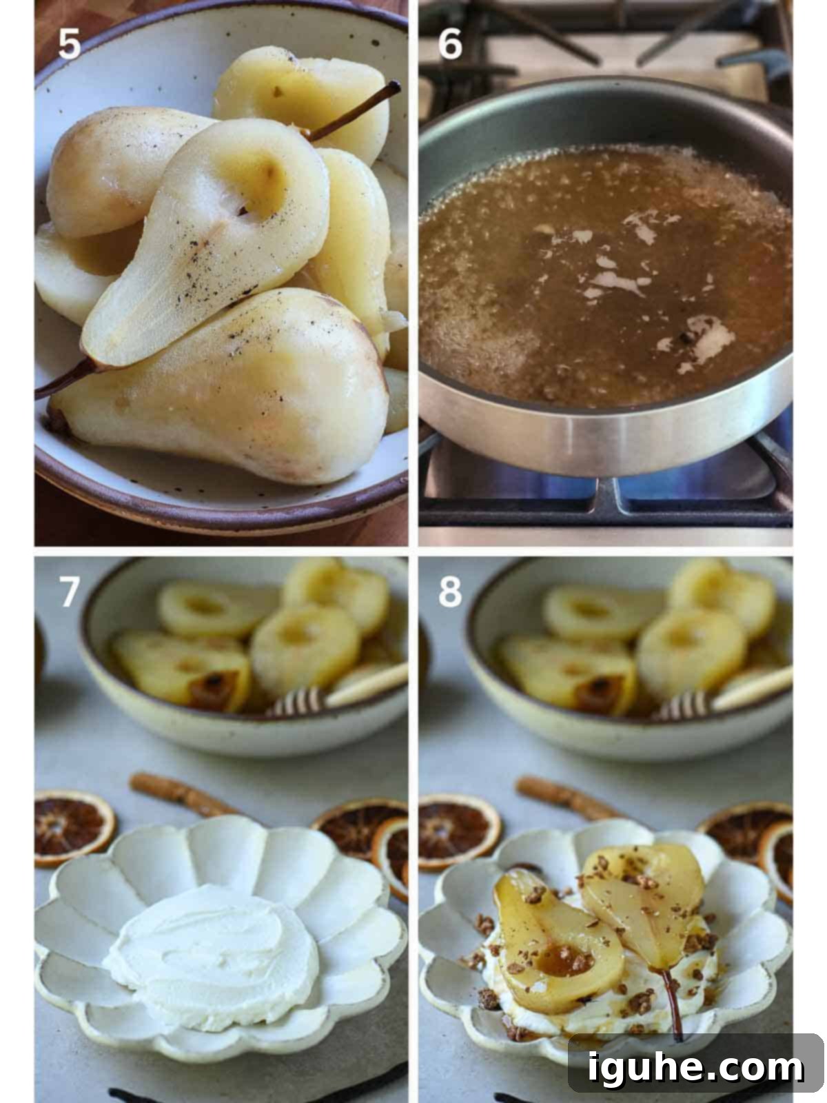 Velvet Vanilla Pears with Creamy Yogurt 5 A collage of four images showing how to plate poached pears over yogurt.