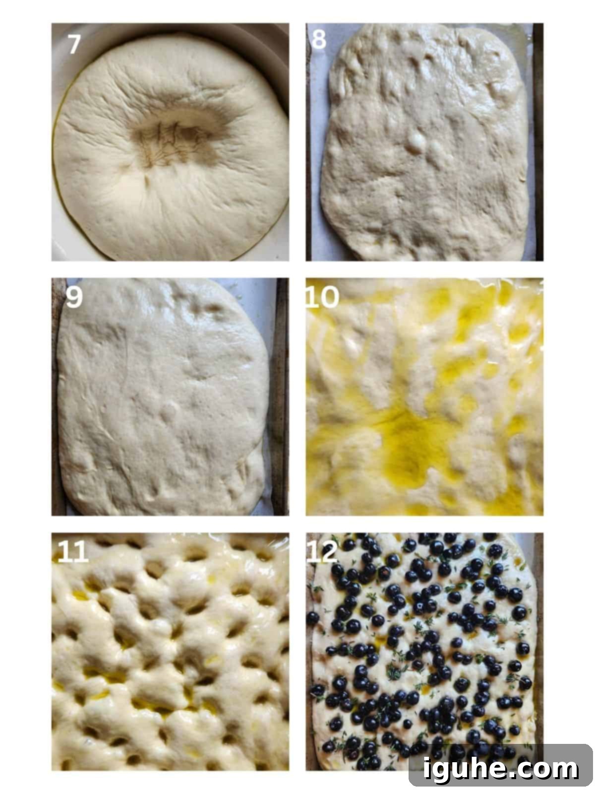 Sweet and Savory Blueberry Thyme Focaccia 5 A collage of 6 images showing how to make focaccia.