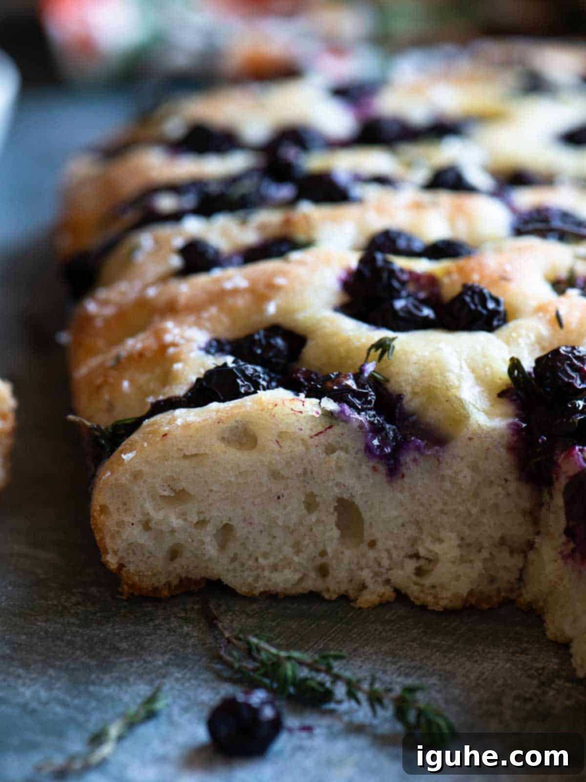 Sweet and Savory Blueberry Thyme Focaccia 7 A close-up of a cross section of blueberry focaccia.