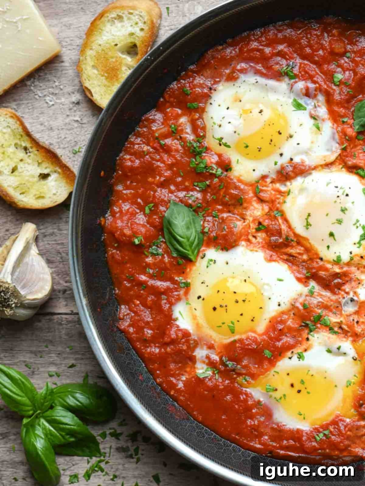 Overview of a skillet of poached eggs in tomato sauce, ready to serve.
