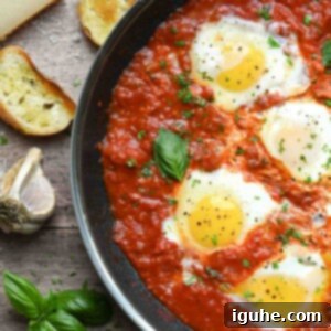 Domates Alevinde Yumurtalar 12 A large skillet filled with perfectly poached eggs nestled in a vibrant tomato sauce, ready to be enjoyed with crusty bread.