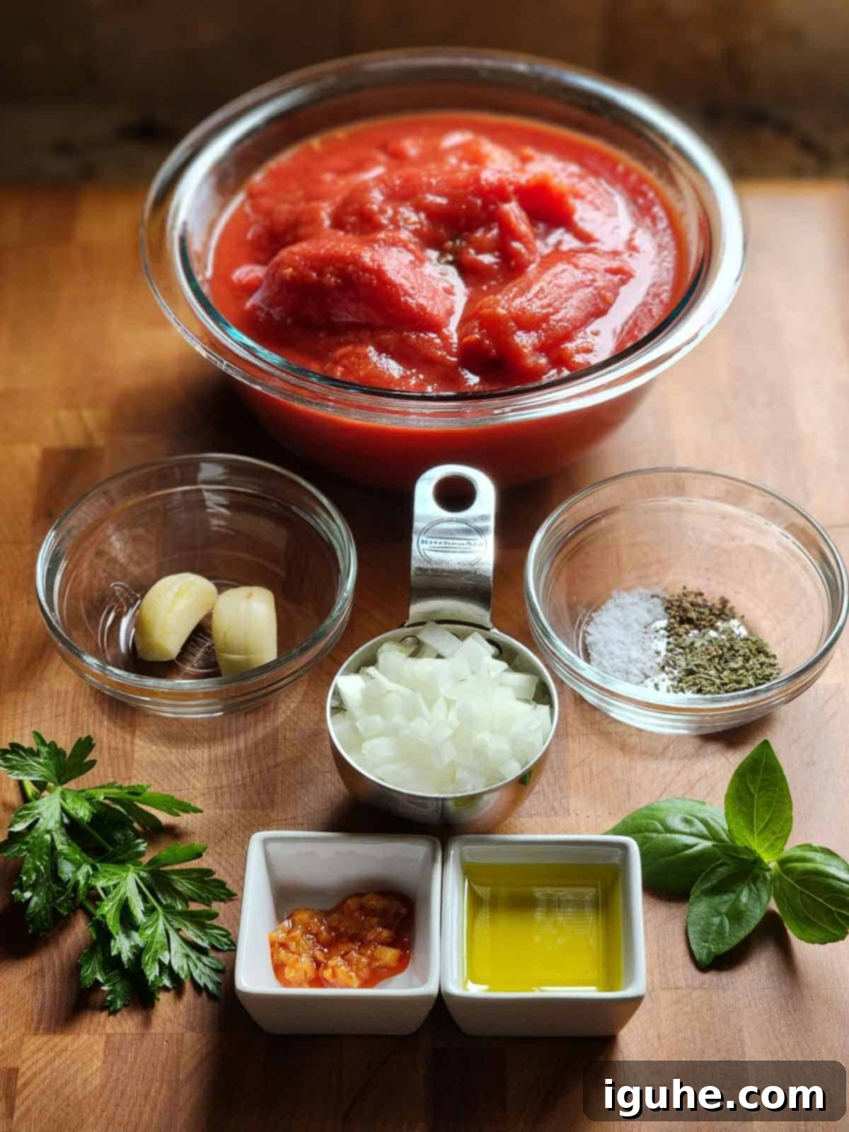 Domates Alevinde Yumurtalar 3 Fresh ingredients laid out for Eggs in Purgatory: canned tomatoes, onions, garlic, eggs, olive oil, and herbs.