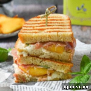 Sweet and Savory Peach Prosciutto Burrata Panini 8 Close-up of a peach panini stacked on deli paper with basil and peaches in the soft background.