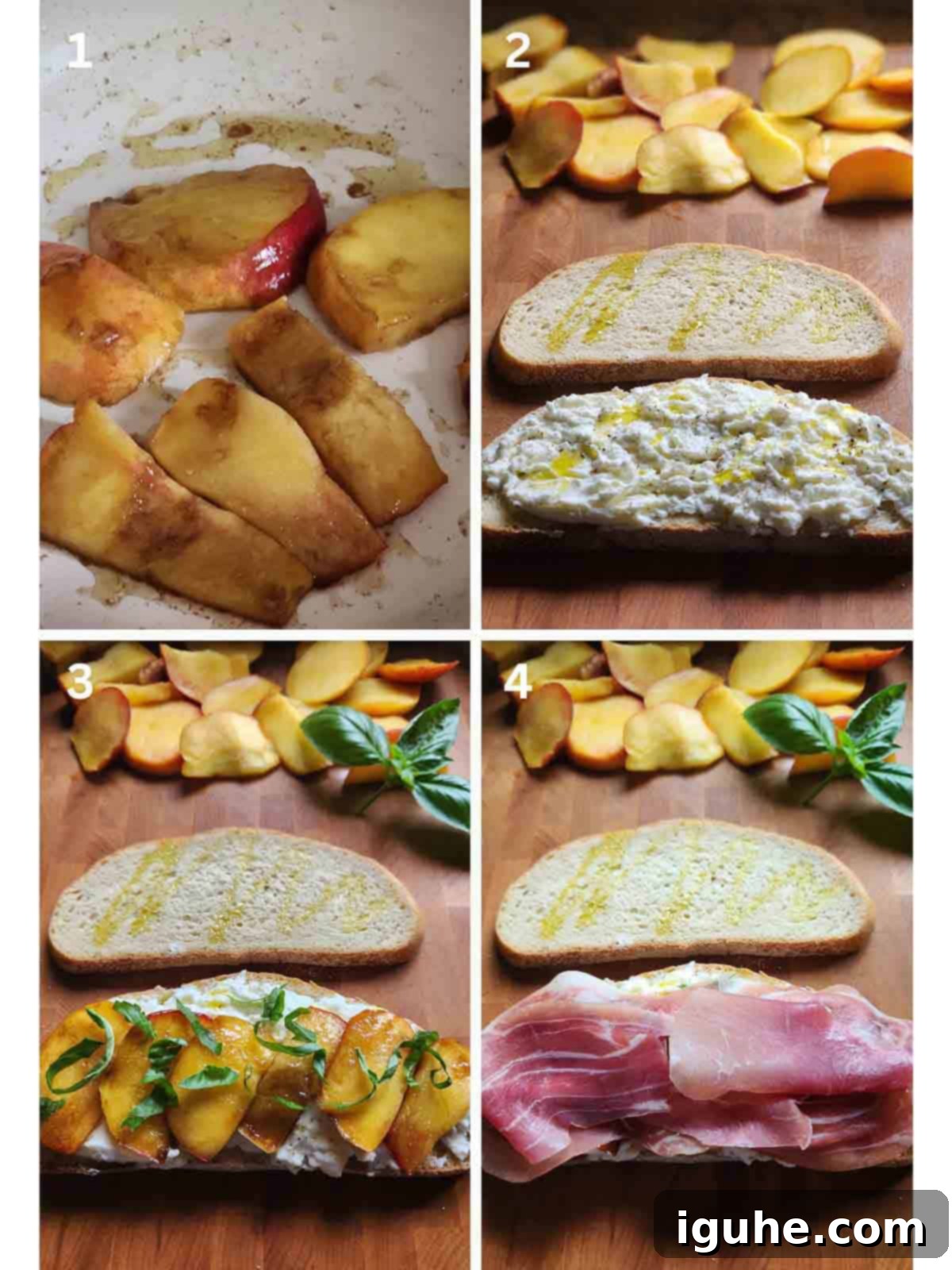 Sweet and Savory Peach Prosciutto Burrata Panini 4 A step-by-step collage of four images demonstrating how to construct a peach panini.