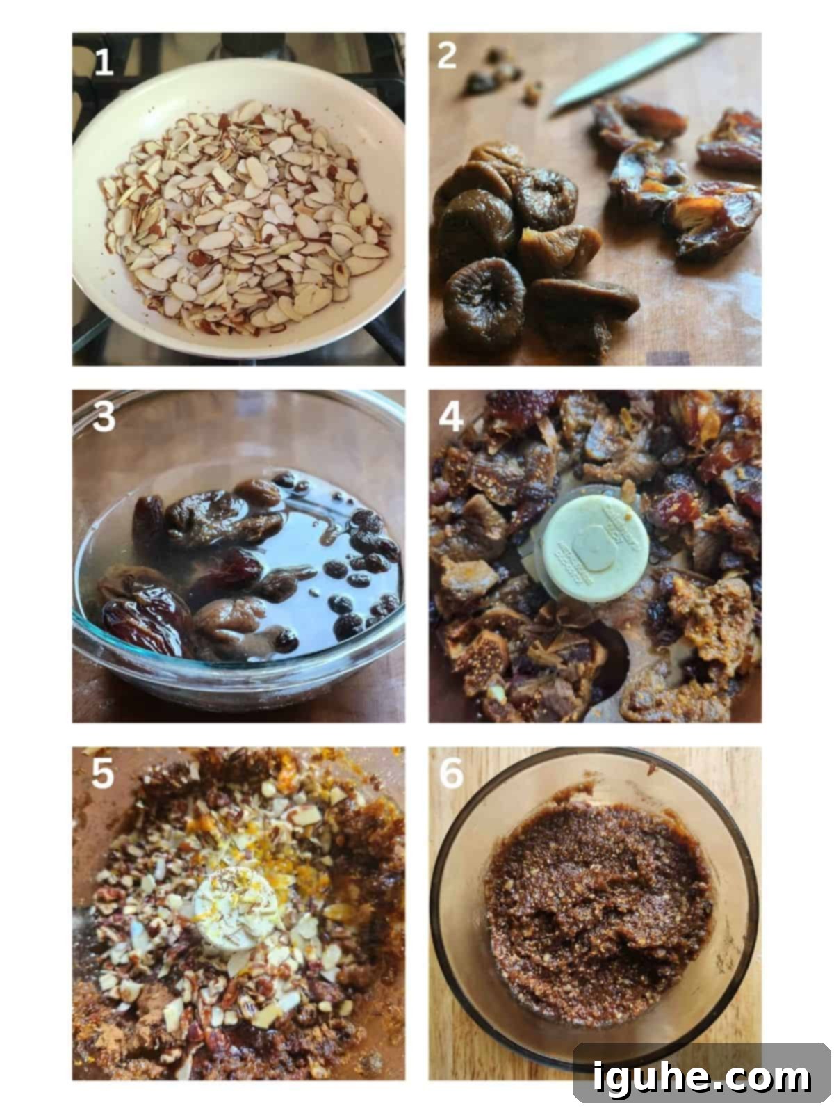 Sicilian Cuccidati Festive Fig Cookies 4 A six-picture collage demonstrating the process of making fig filling for traditional Italian fig cookies.