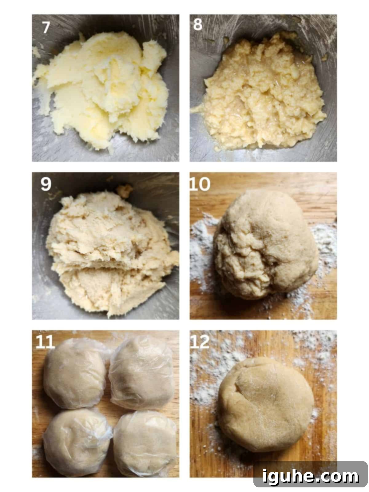 Sicilian Cuccidati Festive Fig Cookies 5 A collage of six pictures detailing the preparation of cuccidati dough, from mixing to portioning.