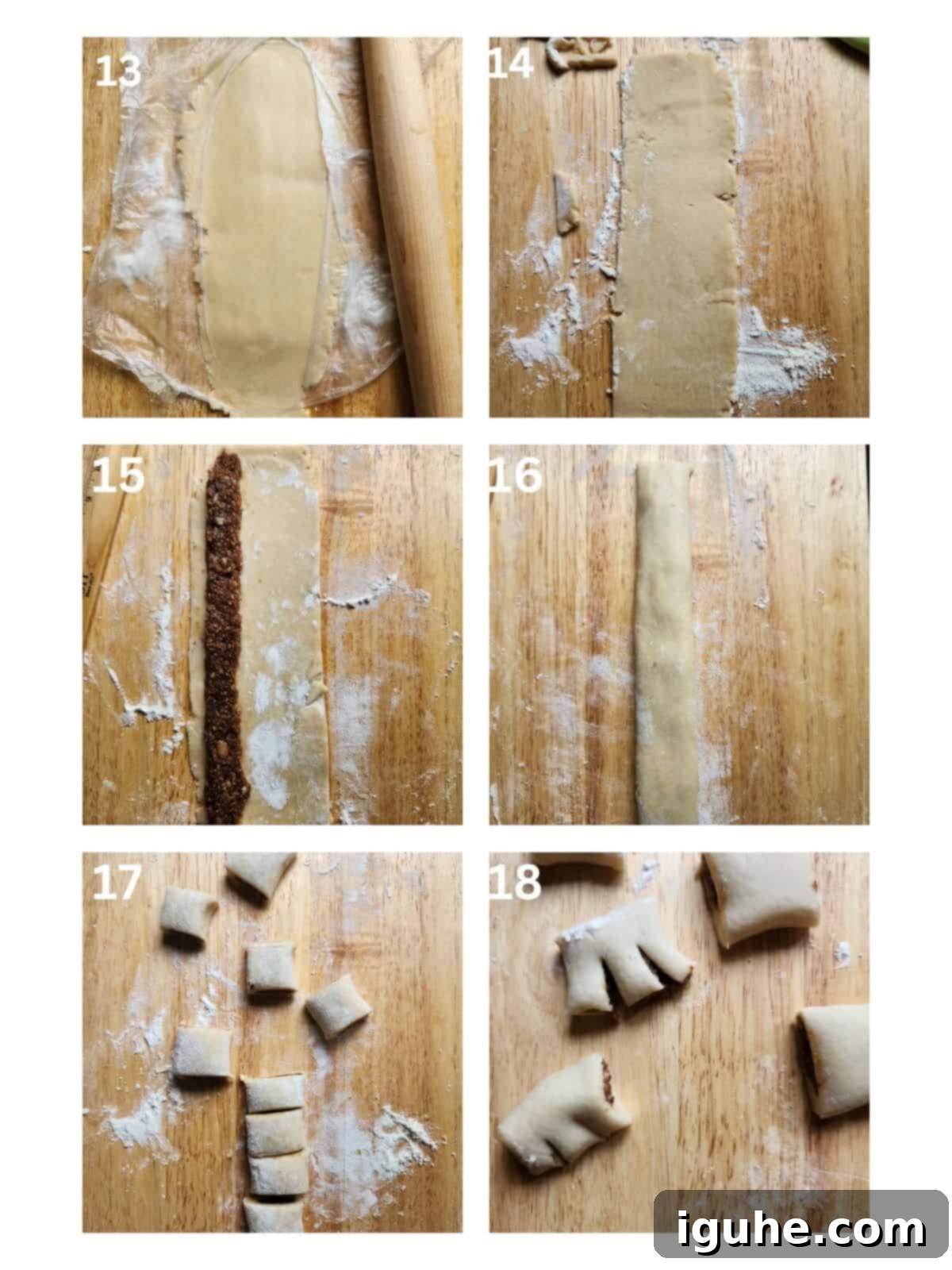 Sicilian Cuccidati Festive Fig Cookies 6 A collage of four images illustrating the rolling and shaping process for cuccidati cookies.