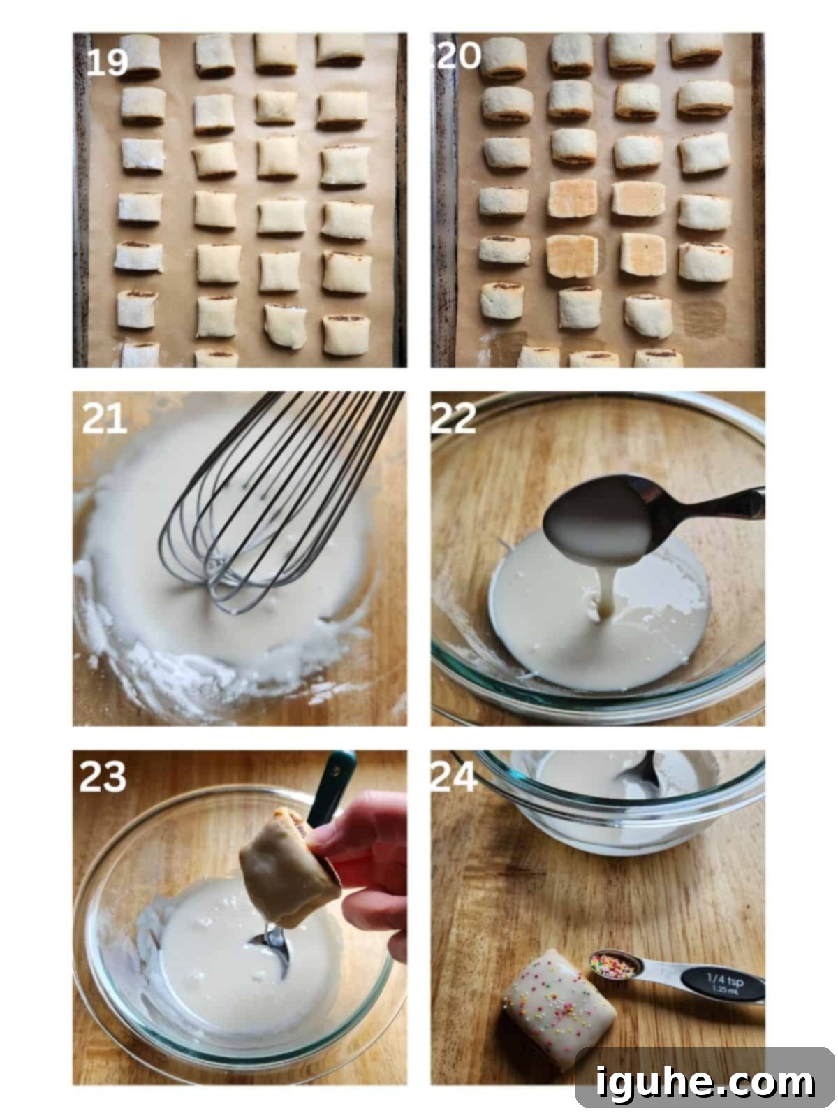 Sicilian Cuccidati Festive Fig Cookies 7 A collage of four images demonstrating the process of baking and icing cuccidati cookies.