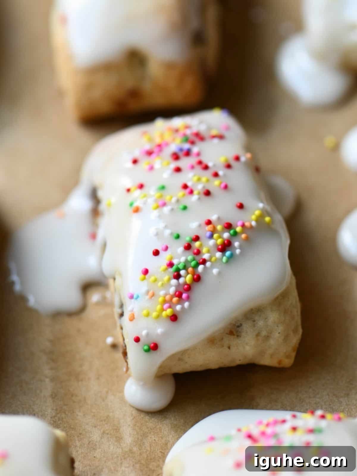 Sicilian Cuccidati Festive Fig Cookies 10 Close up of a single fig cookie with white icing and colored sprinkles, ready to be eaten.