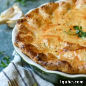 Homestyle Rotisserie Chicken Pot Pie 8 Close up of chicken pot pie showing a golden crust.