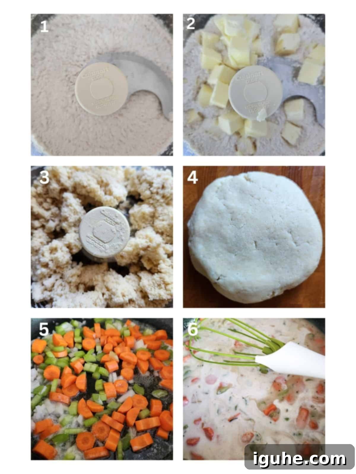 Homestyle Rotisserie Chicken Pot Pie 4 A collage of six images showing how to make dough for chicken pot pie.