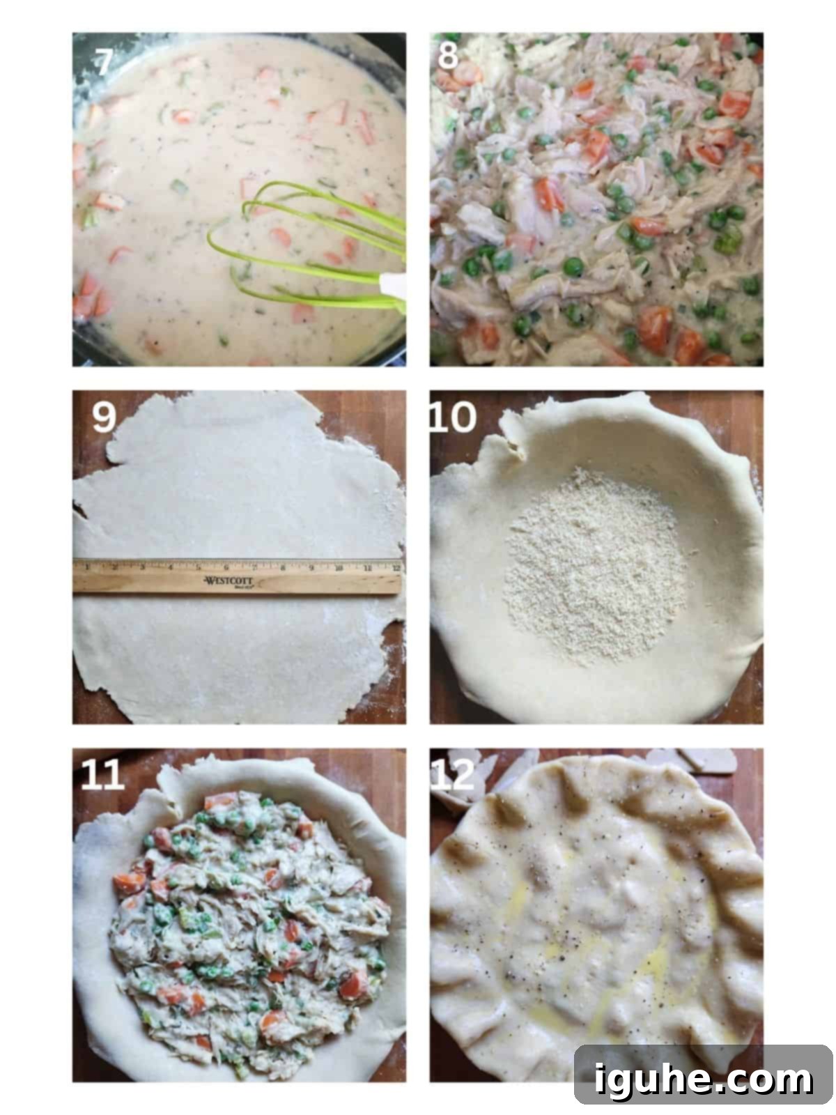 Homestyle Rotisserie Chicken Pot Pie 5 A collage of 6 images showing how to roll out and assemble a chicken pot pie.