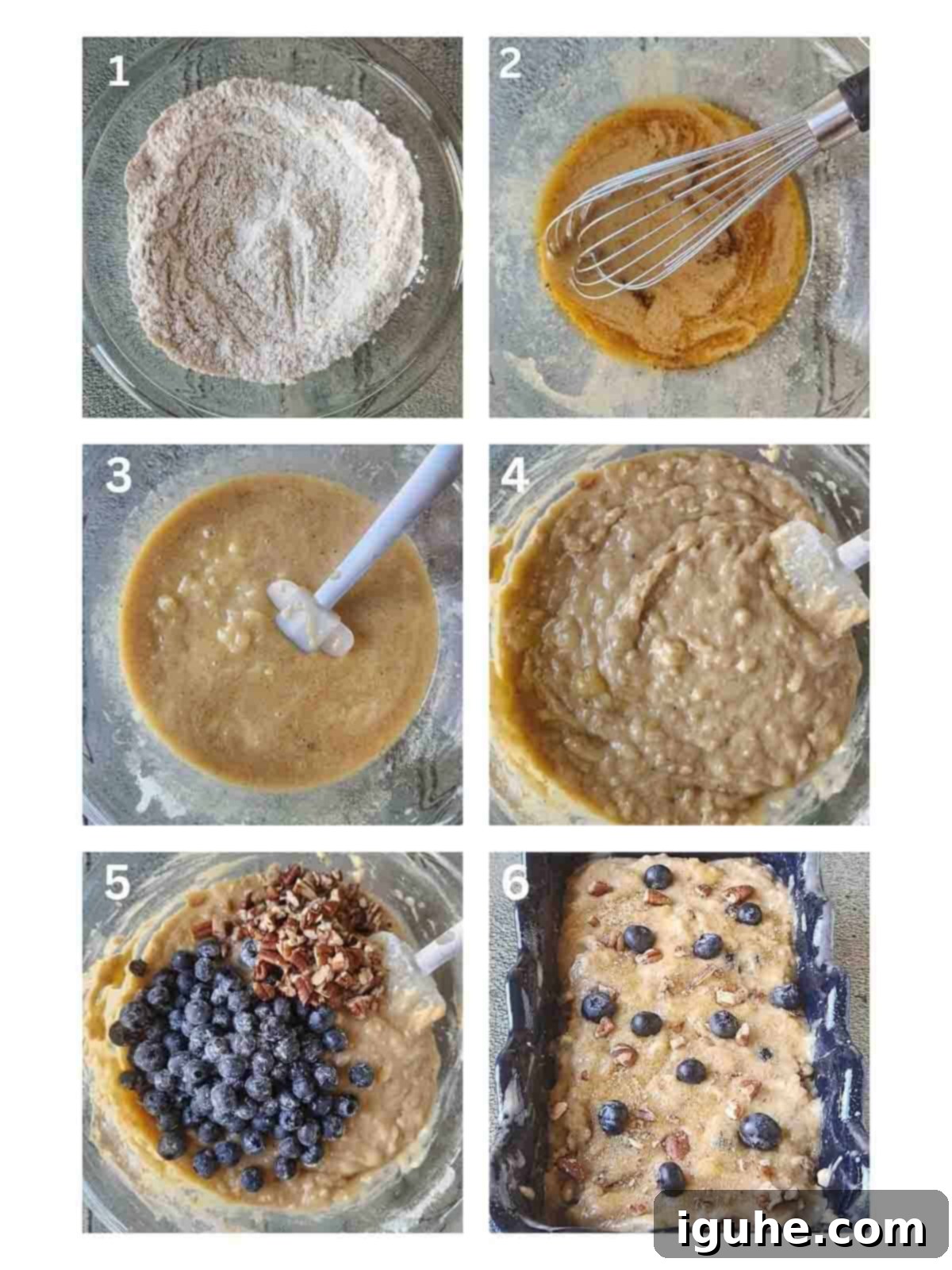 Moist Blueberry Banana Nut Bread 4 A grid of six pictures showing how to mix banana bread batter in a bowl, from dry ingredients to folded-in blueberries.