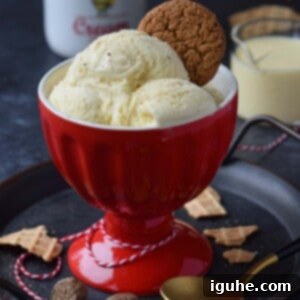 Festive Eggnog Dream Ice Cream 9 Three scoops of eggnog ice cream in a red cup with a gingersnap on top.