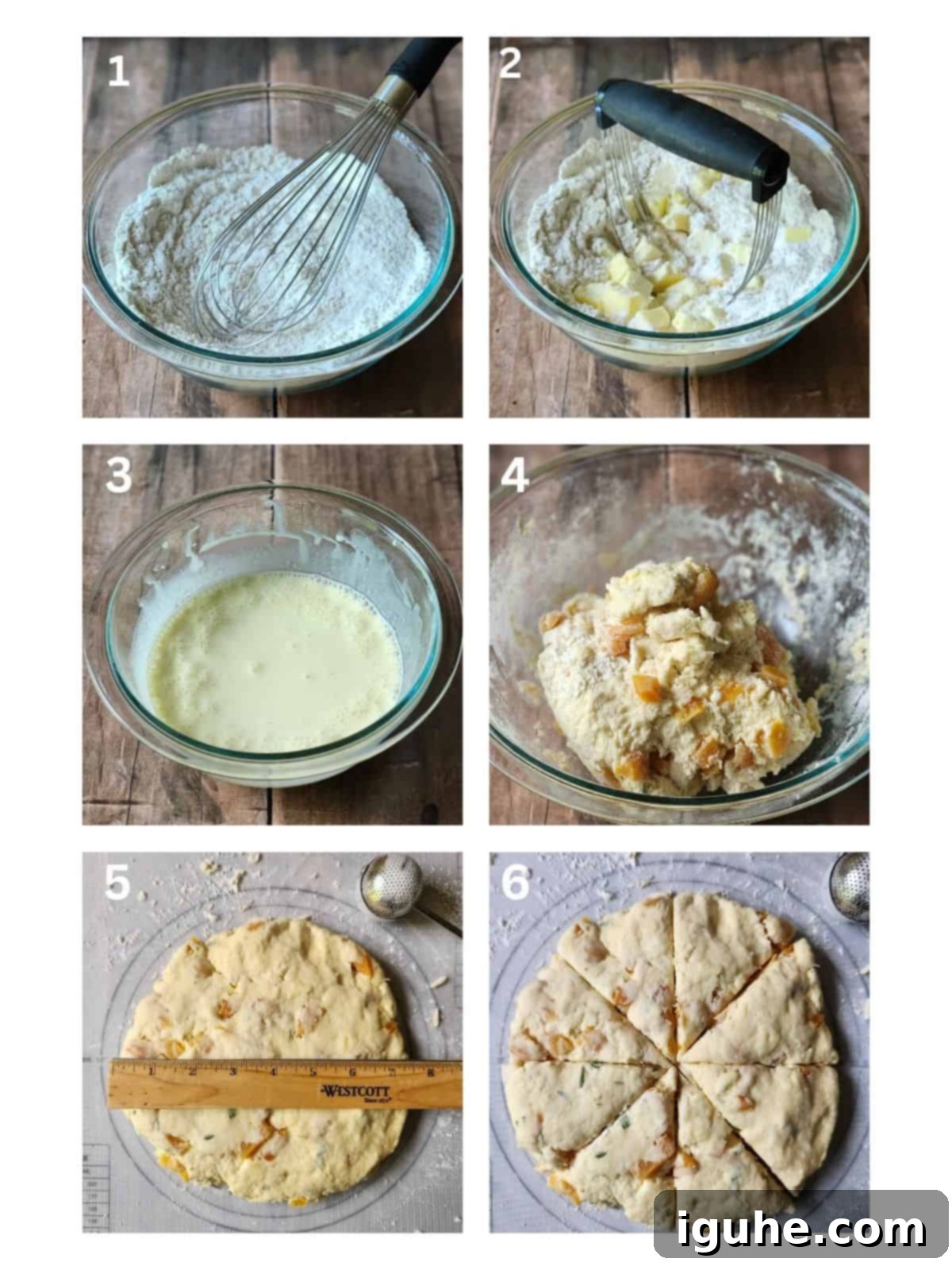 Sunshine Apricot Rosemary Scones 4 A collage of 6 pictures demonstrating the stages of scone dough preparation, from mixing dry ingredients to forming wedges.
