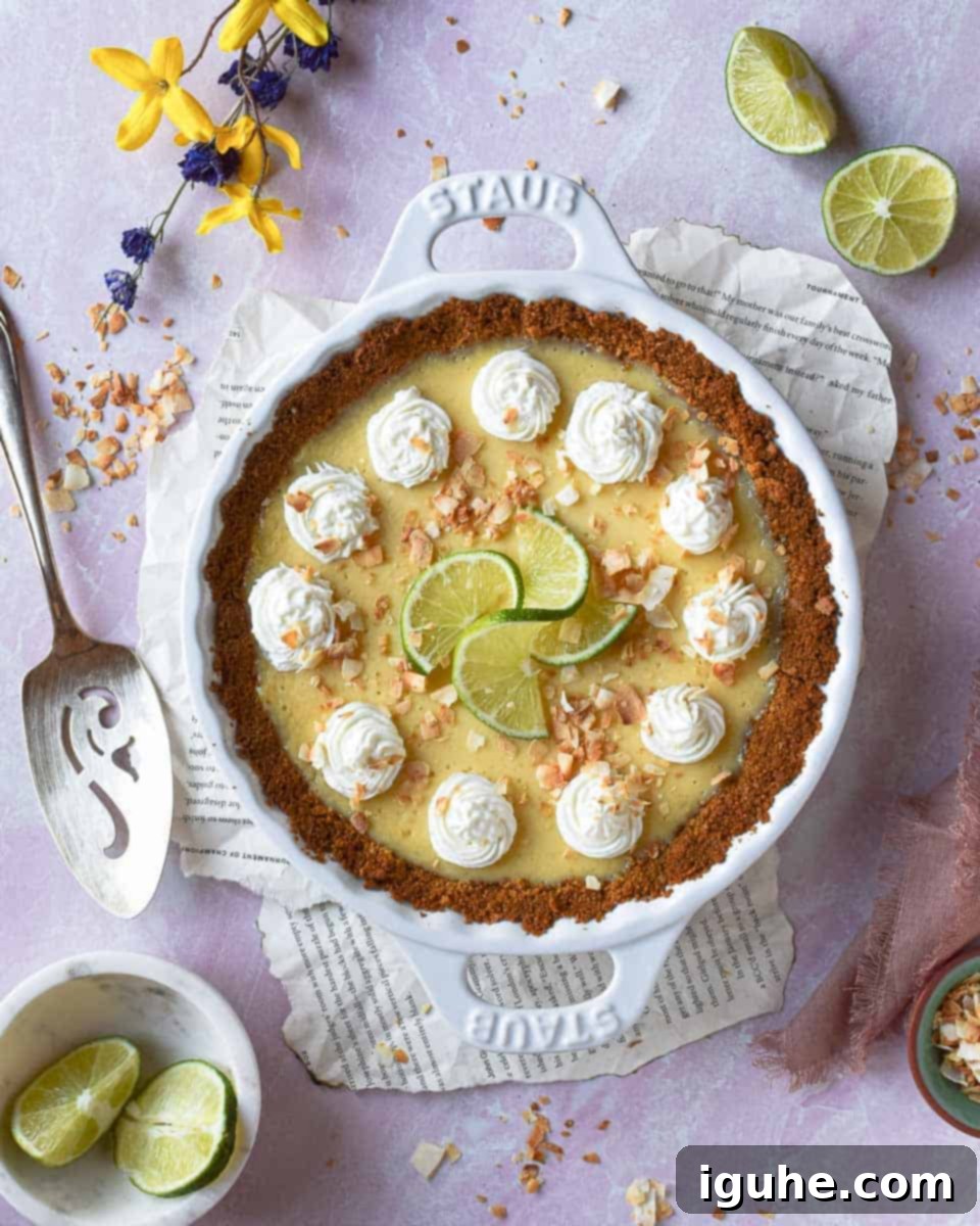Overhead shot of coconut key lime pie in white pie dish placed on a pink background. Scattered limes in eh background.