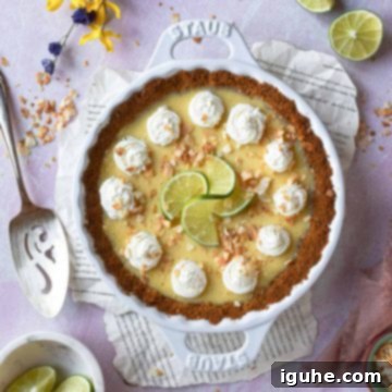 Overhead view of coconut key lime pie in a white pie dish on a pink background